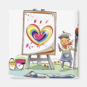 Bemanna innehav en paintbrush och ett anseende vid magnet