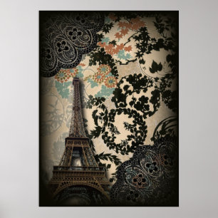 Bemisk svart blommigt vintage paris eiffel torn poster