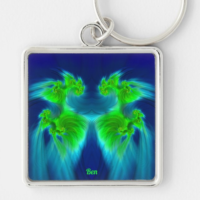 BEN ~ Blue Grönt MIST ~ Fyrkantig Silverfärgad Nyckelring (Framsidan)