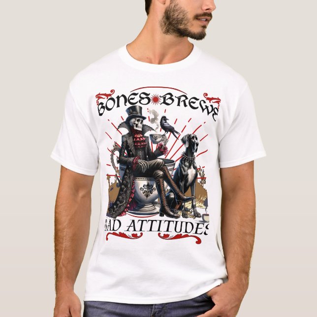 Ben, Brews och Bad Attitudes Skeleton Coffee Hund T Shirt (Framsida)