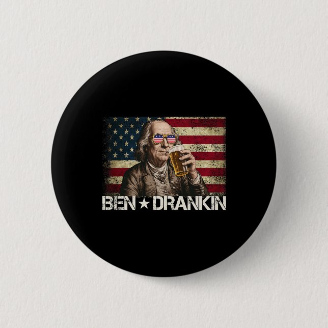 Ben Drankin Funny Beer 4:e juli Retro USA flagga Knapp (Framsida)