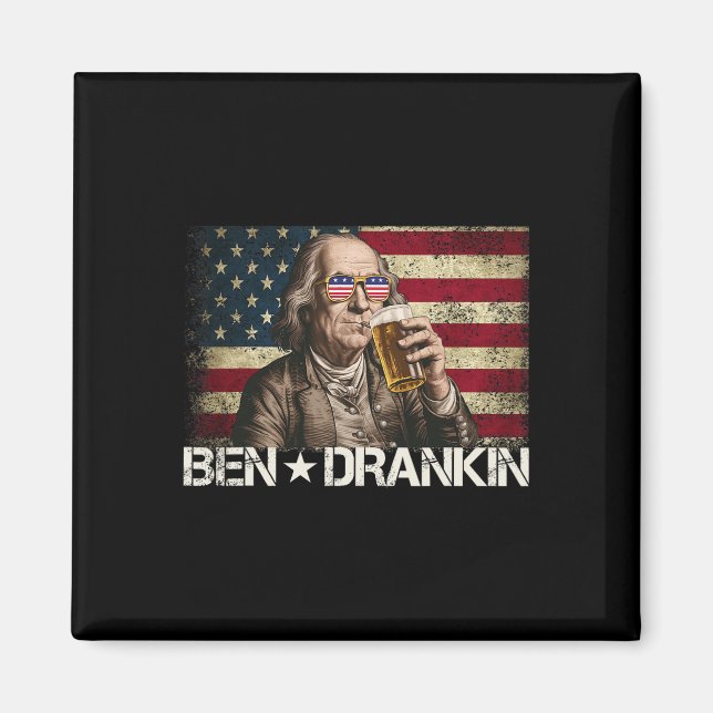 Ben Drankin Funny Beer 4:e juli Retro USA flagga Magnet (Framsidan)