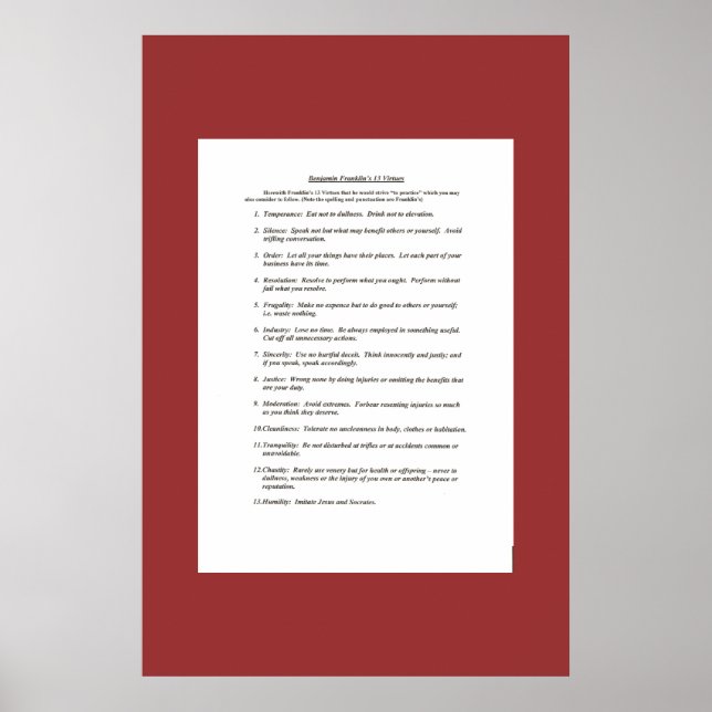 Ben Franklins 13 dygder Poster (Framsidan)