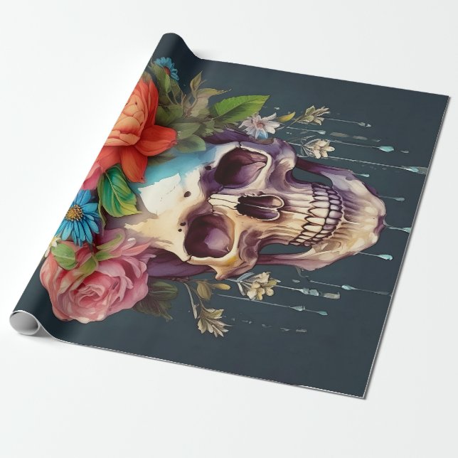 Ben och blommor, Skull och trädgårdsblommor Presentpapper (Utrullad)