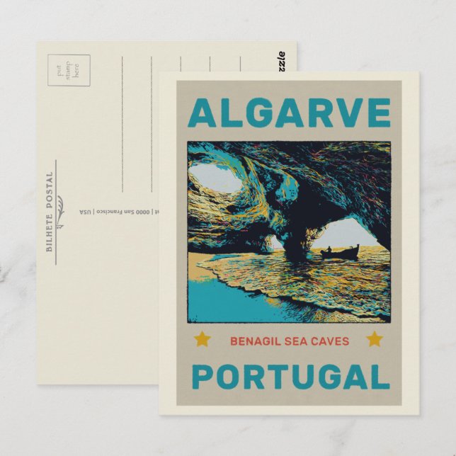Benagil caves illustration Algarve Portugal Vykort (Fram/baksida)