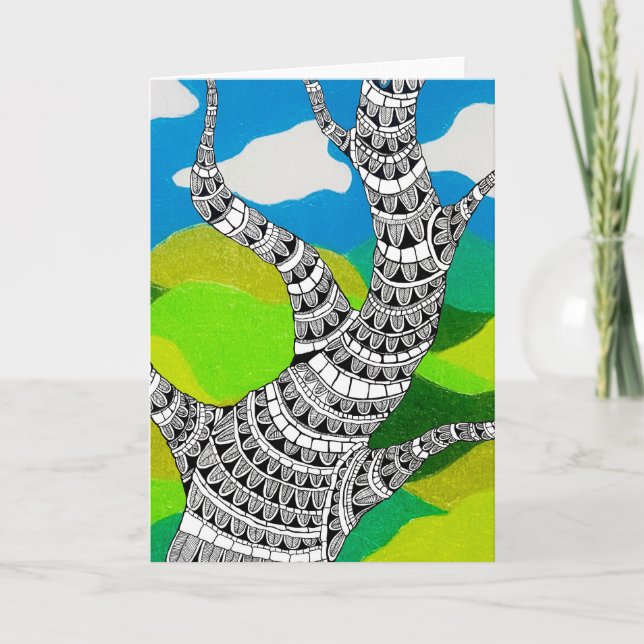 Bendy Tree Design Clouds Grassy Landscape Card Kort (Framsida)