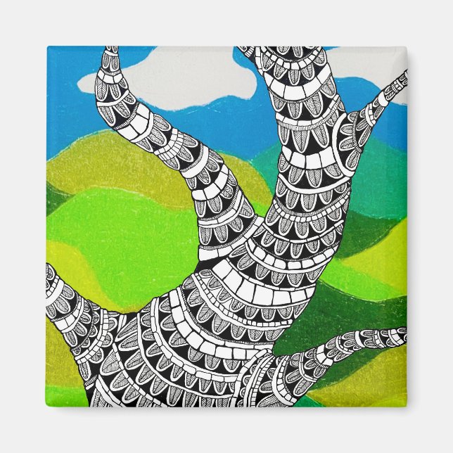 Bendy Tree Design Clouds Grassy Landscape Magnet (Framsidan)