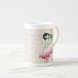 Benfärgad China Vintage vattenfärgsfågel med blomm Benporslin Mugg