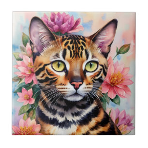 Bengal Cat Blommigt Watercolor Art Kakelplatta