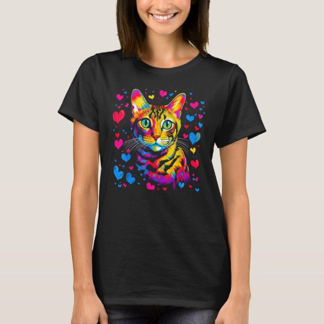 Bengal Cat Blue Red Heart T Shirt (Framsida)