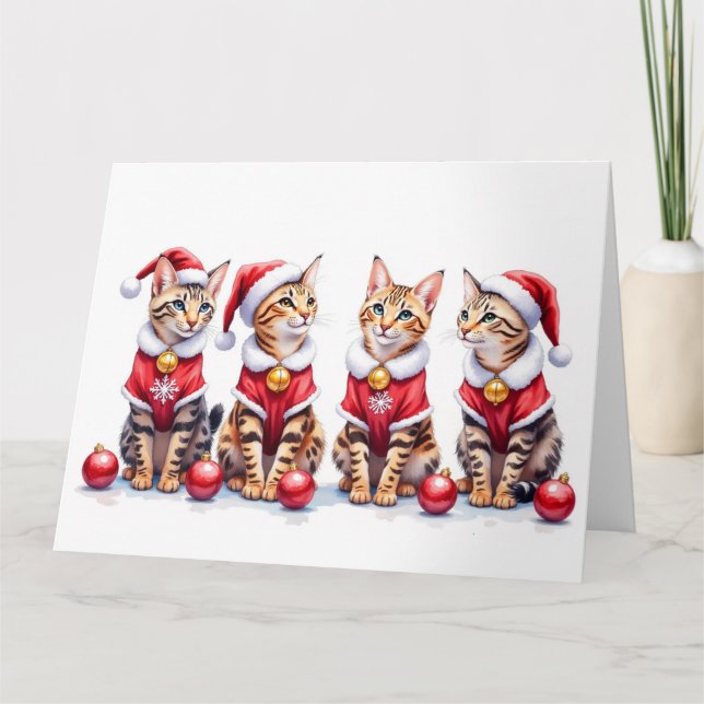 Bengal Cat Christmas Dress Santa Hat Kort (Framsida)