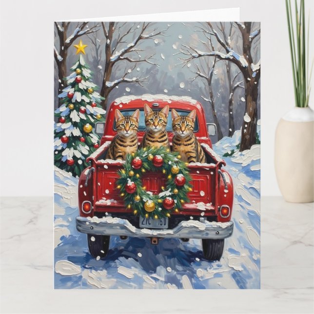 Bengal Cat Christmas Red Truck Holiday Kort (Framsida)
