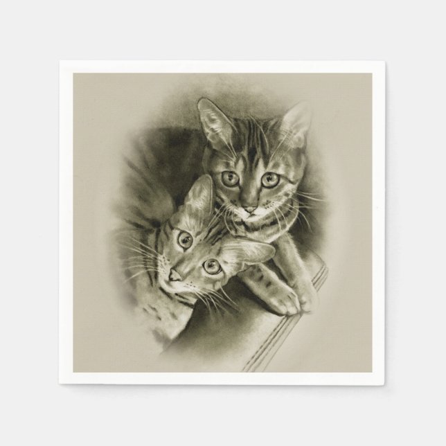 Bengal Cat Couple, Original Pencil Teckning Pappersservett (Framsidan)