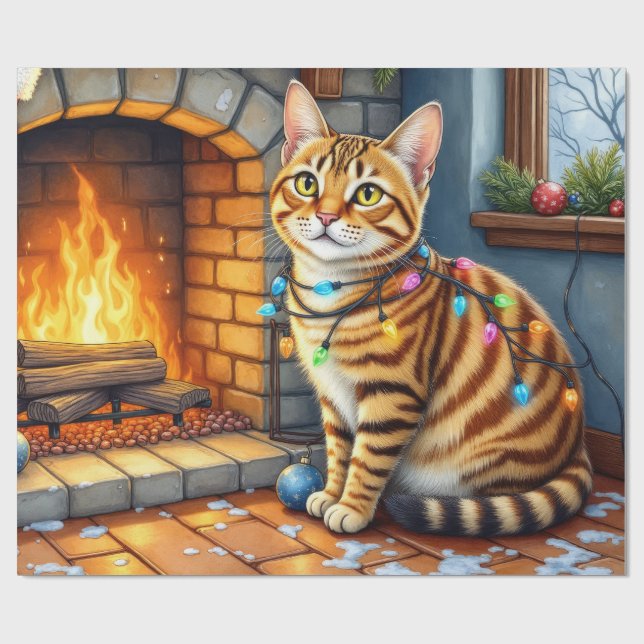 Bengal Cat Fireplace with Christmas Lights Presentpapper (Platt)