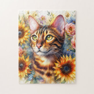 Bengal Cat Floral Watercolor Pussel