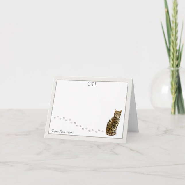 Bengal Cat Grått Gräns Monogram Namn, vikt Tack Kort (Framsida)