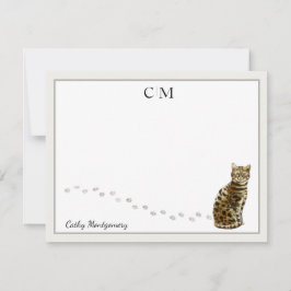 Bengal Cat Grått Gräns Monogram och Namn Flat Anteckningskort