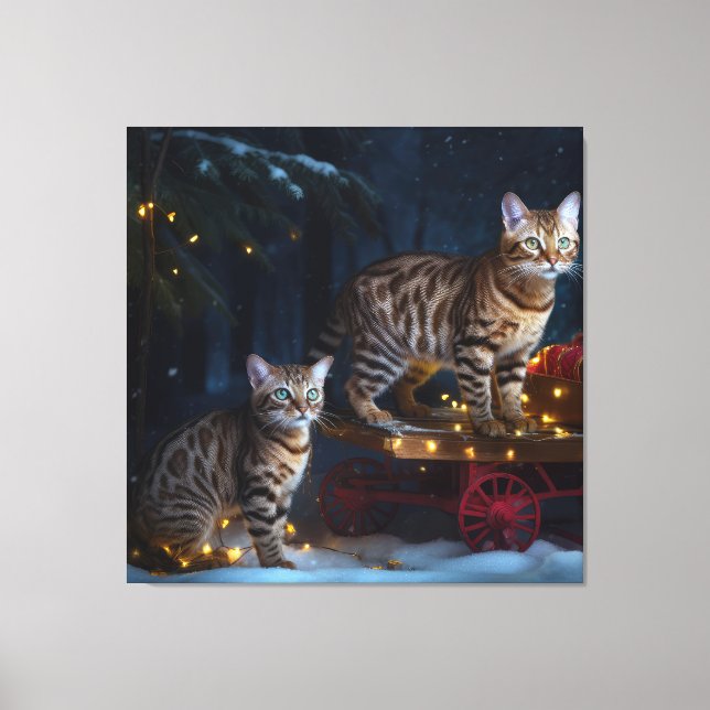 Bengal Cat Snowy Sleigh Ride Juldekretet Canvastryck (Framsida)