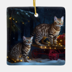 Bengal Cat Snowy Sleigh Ride Juldekretet Julgransprydnad Keramik