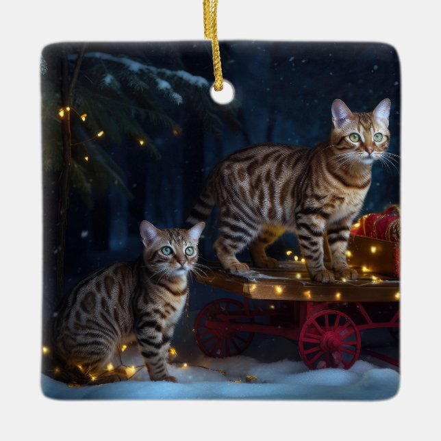 Bengal Cat Snowy Sleigh Ride Juldekretet Julgransprydnad Keramik (Framsida)