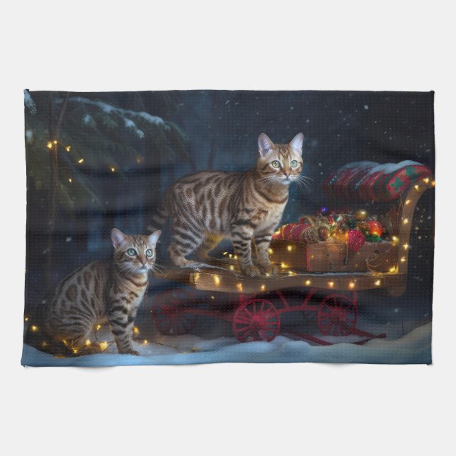 Bengal Cat Snowy Sleigh Ride Juldekretet Kökshandduk (Horisontell)