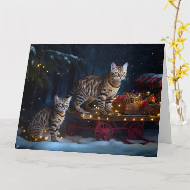 Bengal Cat Snowy Sleigh Ride Juldekretet Kort (Gul blomma)