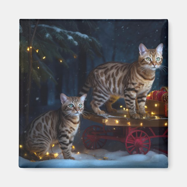 Bengal Cat Snowy Sleigh Ride Juldekretet Magnet (Framsidan)