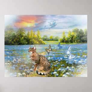 Bengal i säng av blåa blommortrycket poster