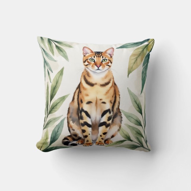 Bengal katt akvarell djungel blad konst kudde (Framsida)