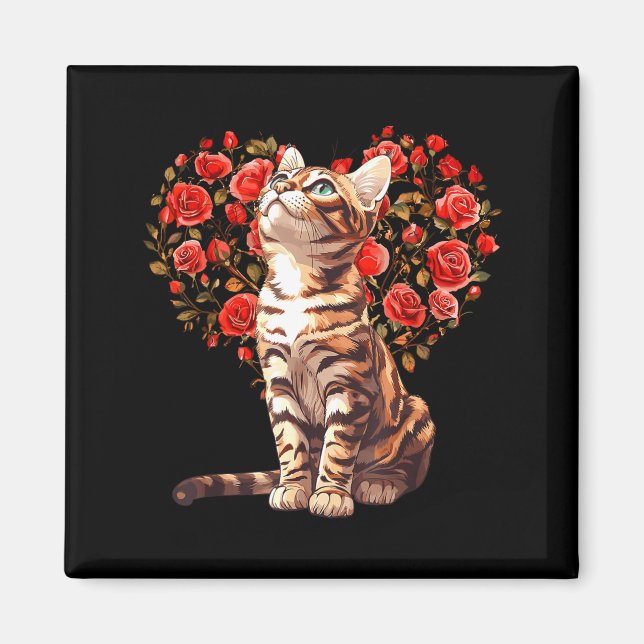 Bengal-katt Alla hjärtans dag Blommig hjärtdesign  Magnet (Framsidan)