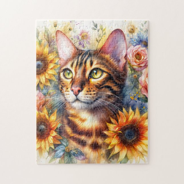 Bengal katt blomvattenfärg pussel (Vertikal)