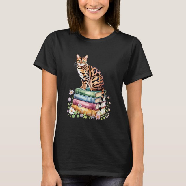 Bengal katt bokorm Blommor Bok Läsning Böcker T Shirt (Framsida)
