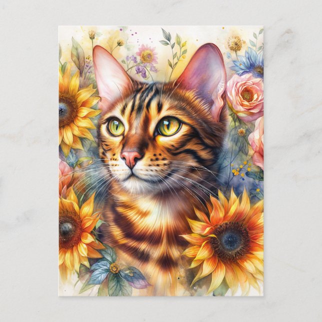 Bengal katt floral porträtt konst vykort (Framsida)