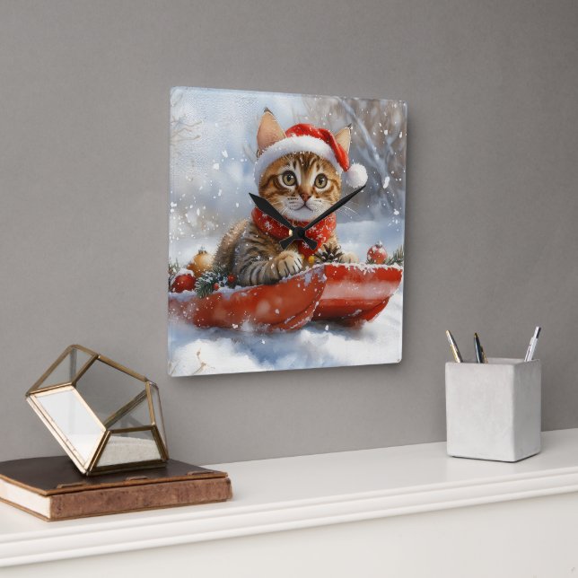 Bengal katt i släde Låt det snöa jul Fyrkantig Klocka (Kontor)