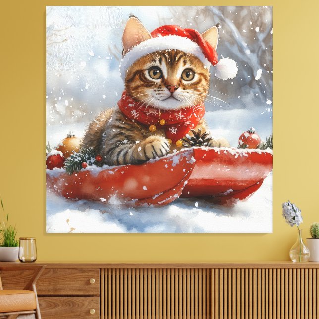 Bengal katt i släde Snöa ner jul Canvastryck (Insitu (Vardagsrum))