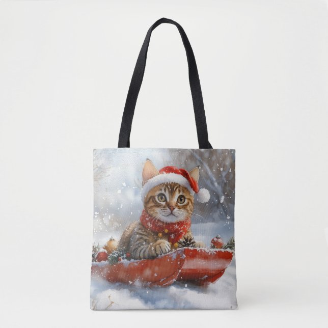 Bengal katt i släde Snöa ner jul Tygkasse (Framsida)