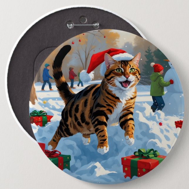 Bengal katt jul firande snöscen knapp (Framsida & baksida)