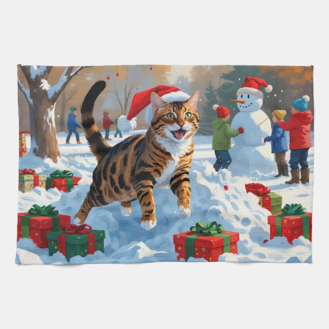 Bengal katt jul firande snöscen kökshandduk (Horisontell)