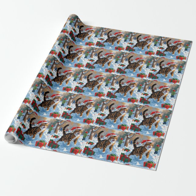 Bengal katt jul firande snöscen presentpapper (Utrullad)