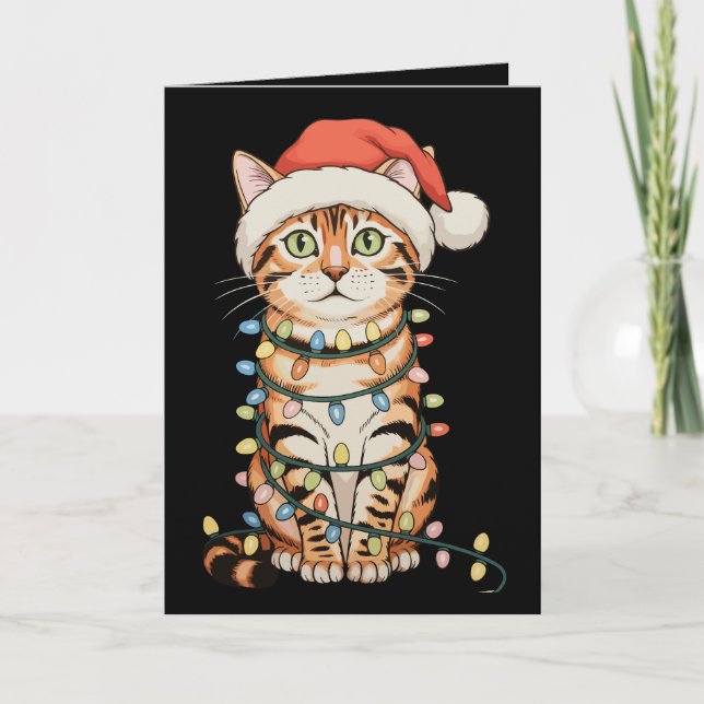 Bengal Katt Julgran Ljussanta Hatt Jul Helgkort (Framsida)