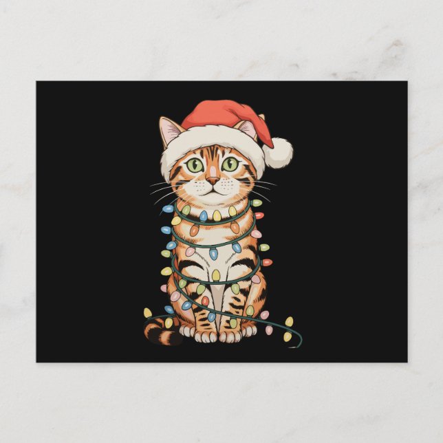 Bengal katt julgransljus tomtehatt jul helg vykort (Framsida)