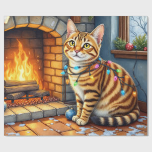 Bengal Katt Kamin med Julbelysning Presentpapper