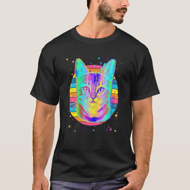 Bengal katt regnbåge rymden svart t shirt (Framsida)