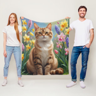 Bengal Katt Vårblommor Målning Fleecefilt
