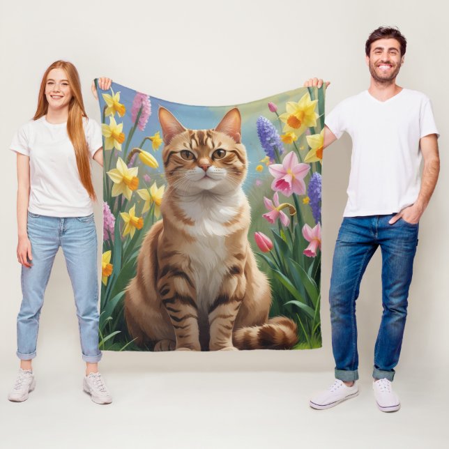Bengal Katt Vårblommor Målning Fleecefilt (På plats)