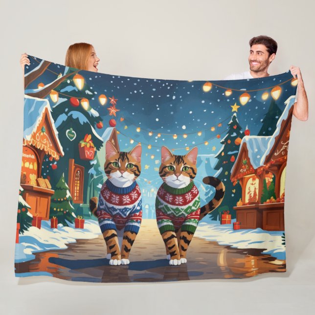 Bengal Katter Jul Snö Högtid Fleecefilt (På plats)