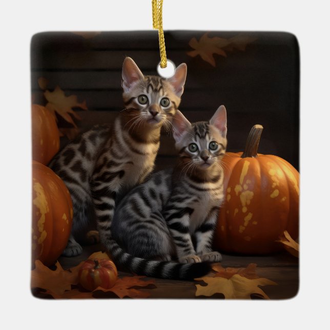 Bengal Kitten Heumn Delight Pumpkin Julgransprydnad Keramik (Framsida)
