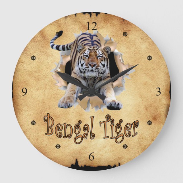 Bengal Tiger bryter igenom Papprare Bag Clock! ~ Stor Klocka (Framsida)