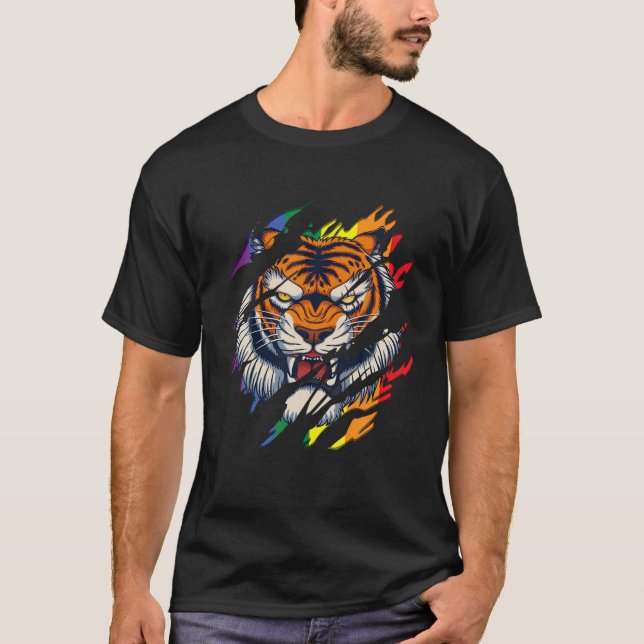 Bengal Tiger LGBT Gay pride Tiger Scratch Tear T Shirt (Framsida)