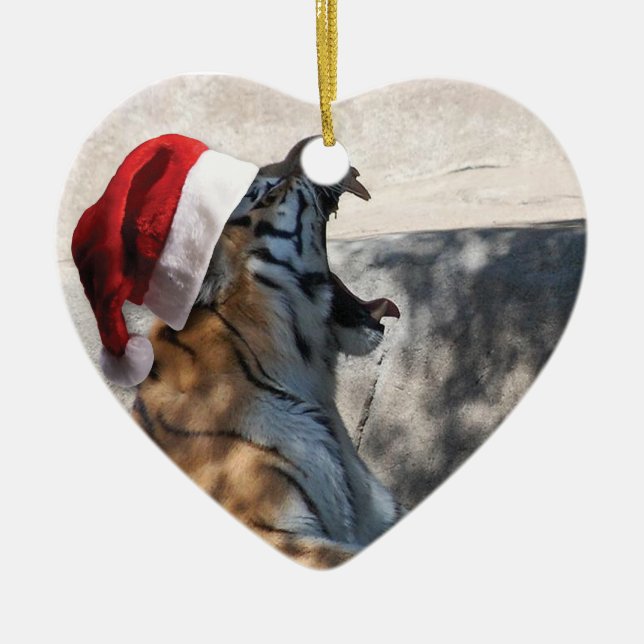 Bengal Tiger med Jultomten Hat Julgransprydnad Keramik (Framsidan)